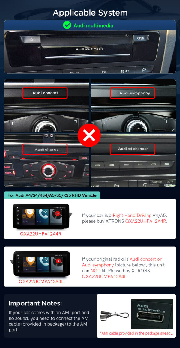 Audi | A4/A5 | Android / iPhone | Qualcomm 662 | Octa Core |8GB RAM & 128GB ROM | QXA22UHPA12A4L