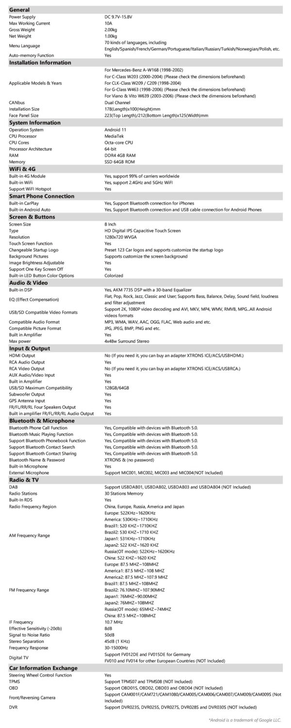 Mercedes-Benz | Verschiedenes  | Android / iPhone | Octa Core | 4GB RAM & 64GB ROM | Globale 4G-LTE-Lösung | IA82M203LS
