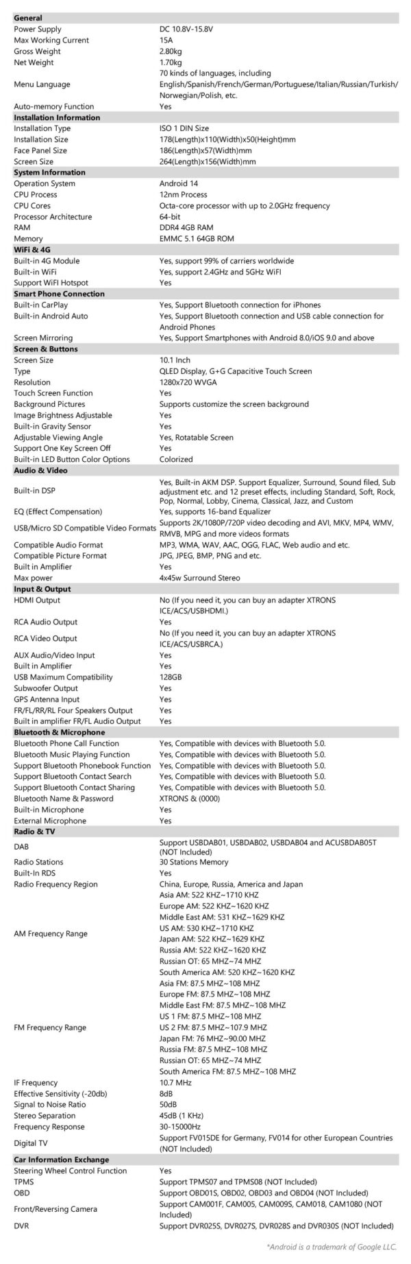 Single DIN | Android 14 | Octa Core | 4GB RAM & 64GB ROM | Globale 4G LTE Lösung | DX121L