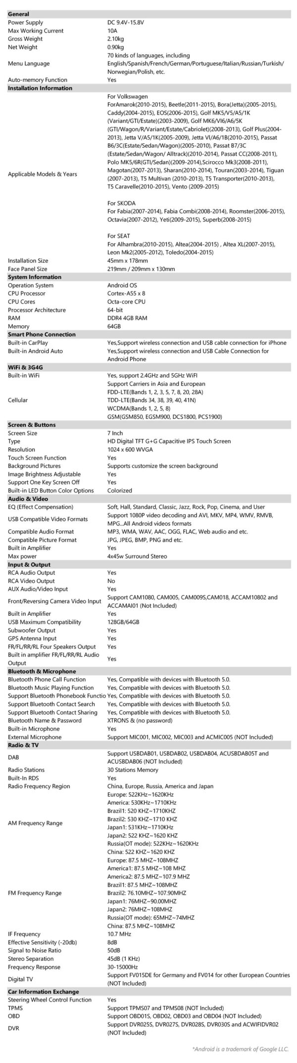 Volkswagen / SEAT / SKODA | Android OS | Octa Core | 4GB RAM & 64GB ROM | IPS Bildschirm | ID70MTVL