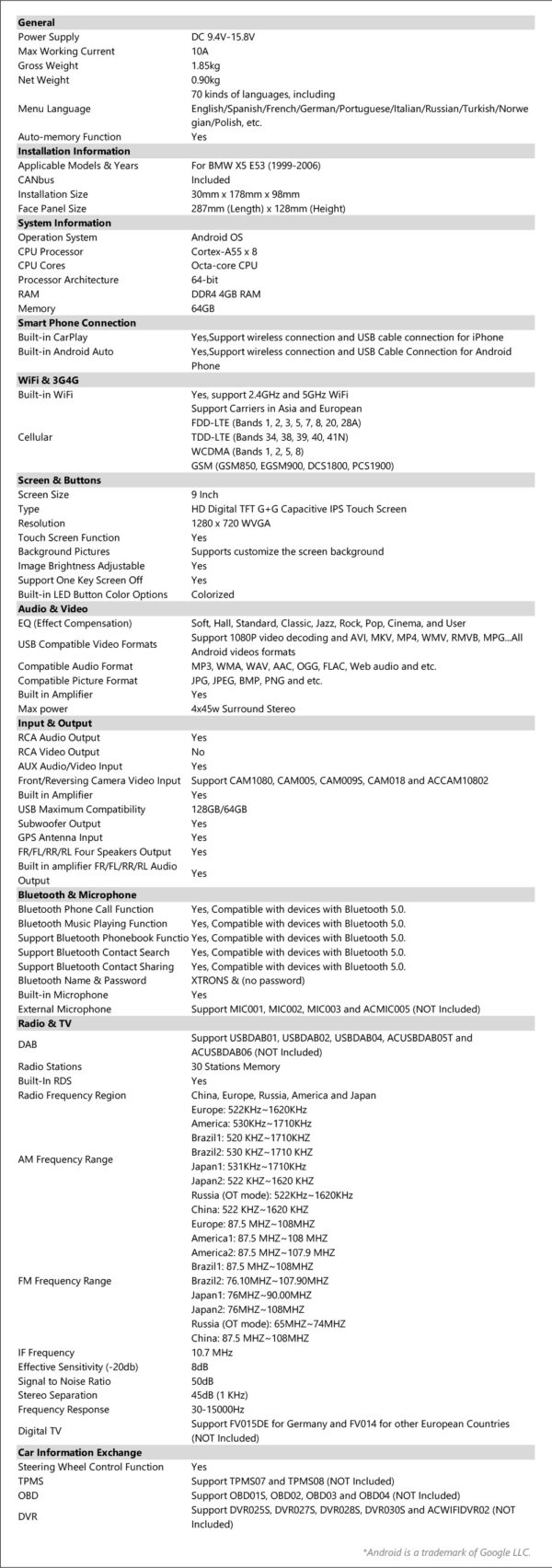 BMW X5 E53 | Android OS | Octa Core | 4GB RAM & 64GB ROM | IPS Bildschirm | IDP9053B