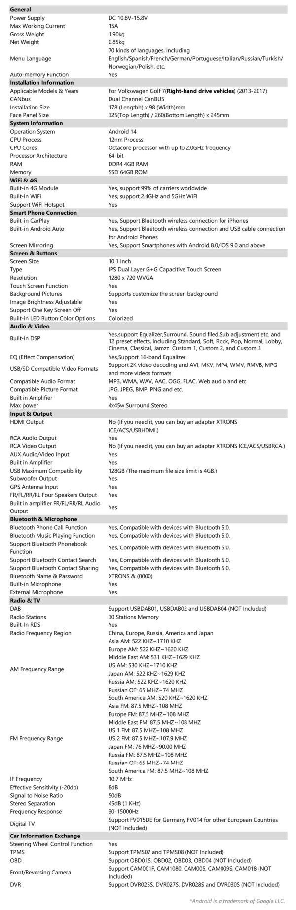 Volkswagen | Android 14 | Octa Core | 4GB RAM & 64GB ROM | Globale 4G LTE Lösung | PXP14GFVR