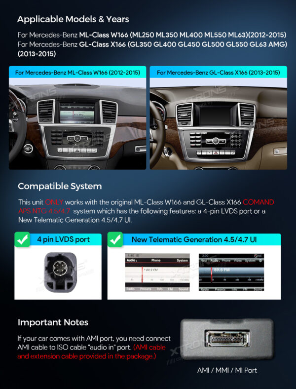 Mercedes-Benz | ML-Klasse & GL-Klasse | Android OS & OEM-System | Octa-Core | 4GB RAM & 64GB ROM | Integriertes 4G LTE | QAMS1445M12ML45