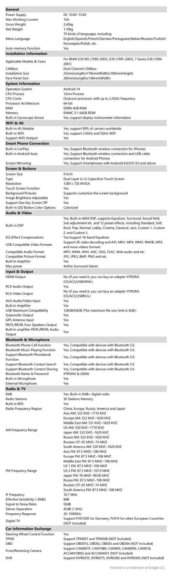BMW E39/E38 | Android 14 | Octa Core | 4GB RAM & 64GB ROM | Globale 4G LTE Lösung | PXP9439BGDAB