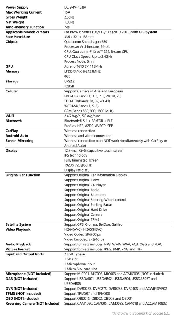 BMW | 6er Serie | Android OS & OEM System | Qualcomm 680 | Octa Core | 8GB RAM & 128GB ROM | QGB23CISX
